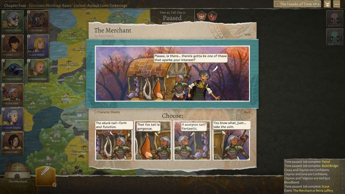 A character in Wildermyth choosing what to trade for from four objects in a merchant's caravan - a skunk tail, a fox tail, a scorpion tail or just money