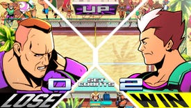 Two players face off in close up at the close of their frisbee match in Windjammers 2