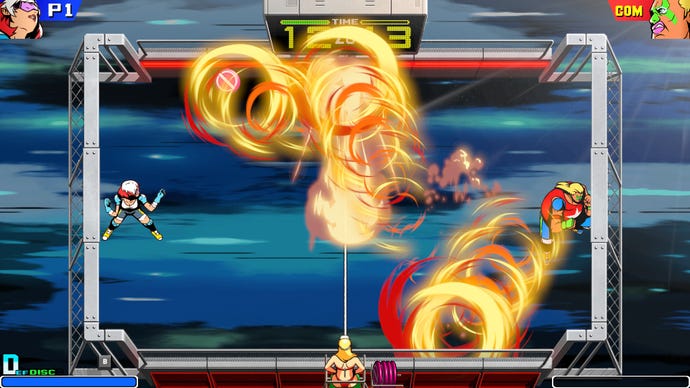 Two players in Windjammers 2 hurl flaming frisbees at each other across a small court