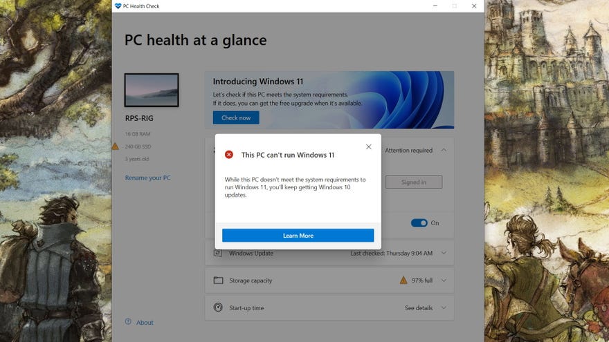 The Windows 11 PC health check app saying a PC cannot upgrade to Windows 11