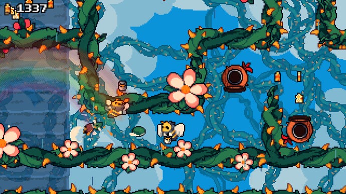 A duck and turtle barrel roll through a tricky vine platforming course in Windswept