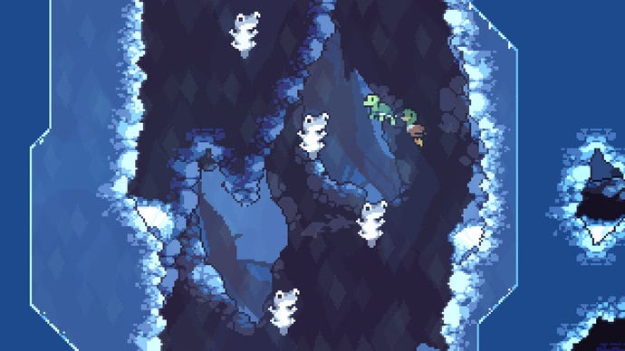 Eine Ente und eine Schildkröte springen in Windswept durch eine eisige Höhle und weichen Feinden aus