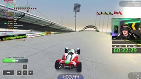 A screenshot of speedrunner 'Wirtual' playing Trackmania blindfolded on Twitch.
