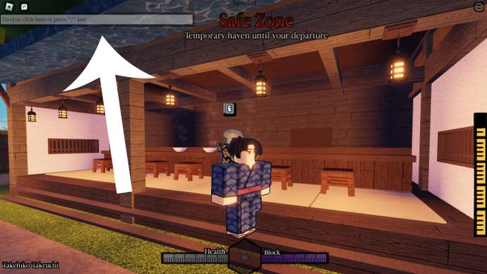 In-game shot of Roblox game Wisteria showing where to enter Wisteria codes highlighted with a white arrow