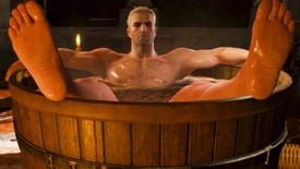 Geralt reclines in a bathtub at the beginning of The Witcher 3: Wild Hunt.