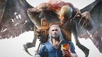 Witcher hero Geralt sitting on a wooden throne, holding a cup of what looks like blood, with a monstrous vampire climbing over the chair behind him, raising a clawed hand. Maybe Geralt is drunk because he doesn't seem to realise the vampire is there at all.