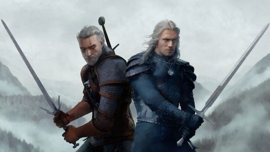The video game and Netflix versions of Geralt back-to-back in art for WitcherCon.