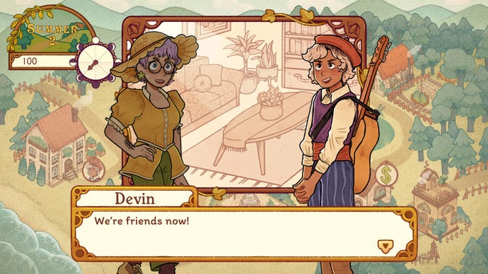 A Witchy Life Story screenshot of the player character talking to Devin, a young musician with a guitar and beret.