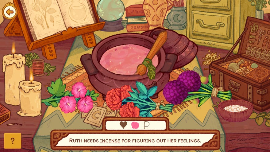 A Witchy Life Story screenshot of a witches brewing table with a cauldron, flowers, candles, and wooden box set on top.