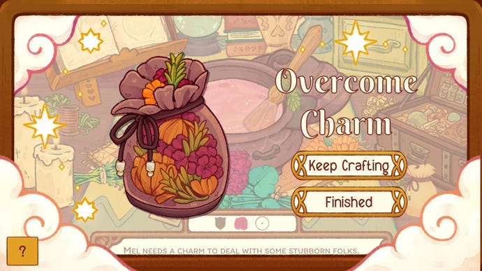 A Witchy Life Story screenshot showing a crafted magical charm. It's a small pouch with herbs and flowers inside.