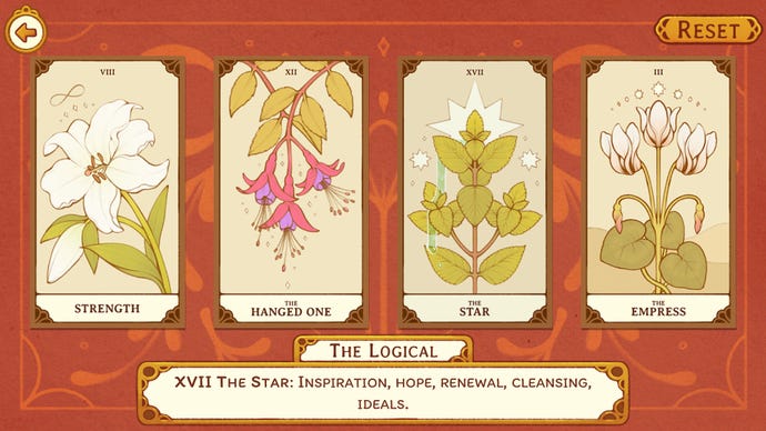 A Witchy Life Story screenshot of four tarot cards set on a wooden table each showing a different kind of flower