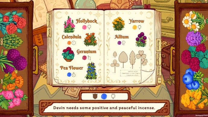 A screen from Witchy Life Story showing your open grimoire listing the uses and effects of different plants