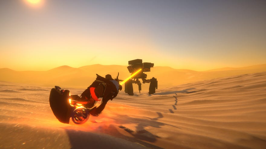Zipping around a desert with a hoverboard and grappling hook in a Withersworn screenshot.