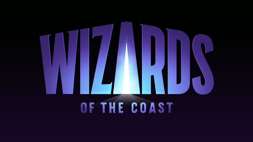 The Wizards of the Coast logo as of 2022, which shows a white light pouring out of the "A" as if it were a doorway or portal.