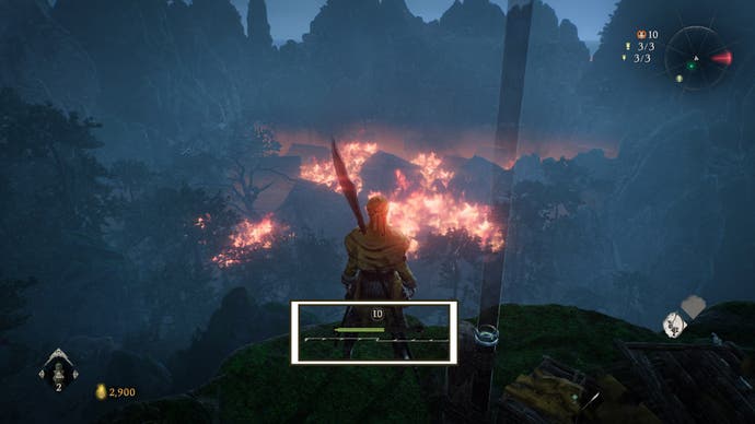 wo long fallen dynasty character overlooking burnt village with spirit gauge highlighted.