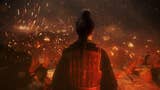 Wo Long Fallen Dynasty, official art showing the back of the Blind Boy character overlooking the burnt village.
