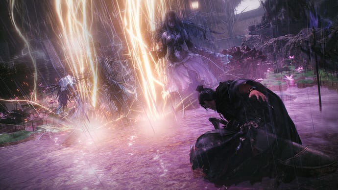 The player calls down bolts of lightning onto two spectral demons in Wo Long: Fallen Dynasty.