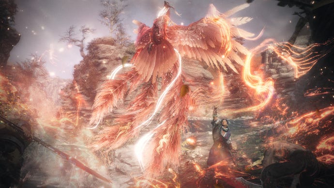 The player summons Zhuque, a fiery phoenix Divine Beast in Wo Long: Fallen Dynasty.