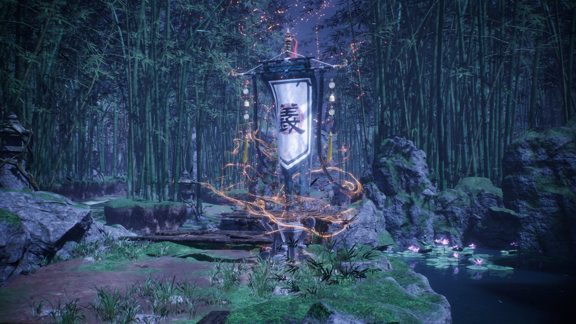 A Battle Flag placed in a bamboo forest at night in Wo Long: Fallen Dynasty.