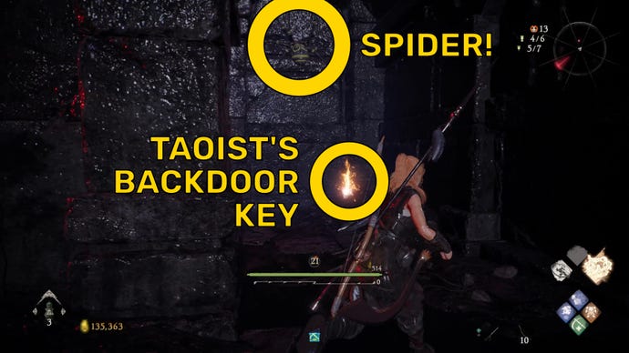 The player in Wo Long turns a corner in an underground dungeon and finds a spider guarding the Taoist's Backdoor Key (both marked).