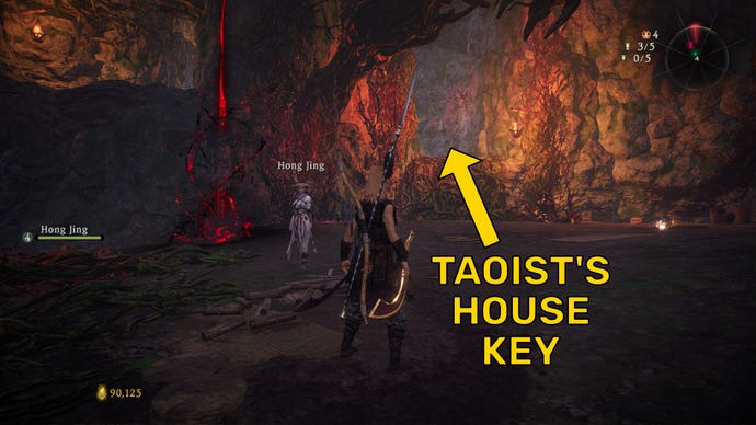 The player in Wo Long stands before a corrupted Battle Flag. An arrow points to the location of the Taoist's House Key.