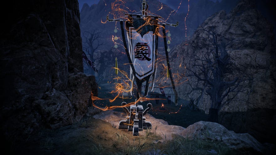 A Battle Flag on a clifftop at night in The Demon Fort Of The Yellow Heaven region of Wo Long: Fallen Dynasty.