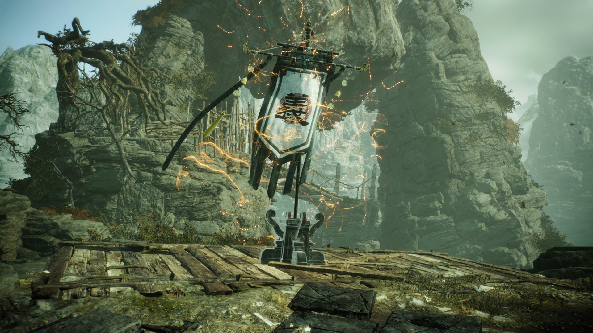 A Battle Flag placed on a rock in The Valley Of Crying Wraiths in Wo Long: Fallen Dynasty.