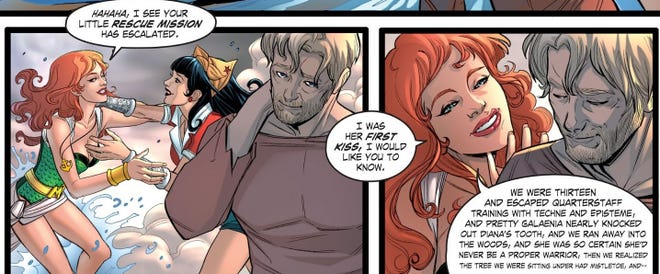 Two panels from DC Comics: Bombshells #32 by Marguerite Bennett, Laura Braga, Wendy Broome, and Wes Abbott. In the first panel, Mera and Diana embrace in greeting while Steve stands in the foreground. Mera says "Hahaha, I see your little rescue mission has escalated." In the second panel, Mera peeks over Steve's shoulder and says, "I was her first kiss, I would like you to know," followed by a speech balloon with comically dense details of the kiss. Both Mera and Steve are smiling.