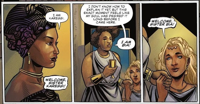 Three panels from Nubia and the Amazons #1 by Stephanie Williams, Vita Ayala, Alitha Martinez, Mark Morales, Emilio Lopez, and Becca Carey. In the first panel, a Black woman introduces herself with "I am Karessi" and off-panel voices shout "Welcome, Sister Karessi!" In the second panel, a weeping Black woman holds a blonde, tan woman's hand and says "I don't know how to explain it yet, but this exact moment feels like my soul has desired it long before I came here. I am Bia!" In the third panel, the blonde woman says "Welcome, sister Bia!"