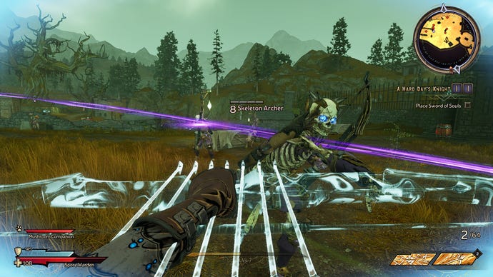 Firing a magic bow at some skeletons in Tiny Tina's Wonderlands.