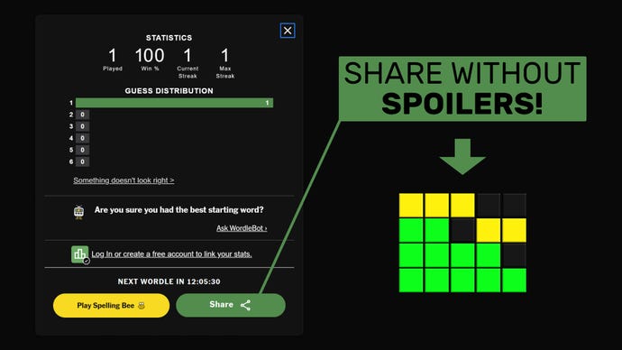 Una captura de pantalla del panel para compartir de Wordle, con el botón para compartir resaltado y un ejemplo a la derecha del formato para compartir sin spoilers que se copia en el portapapeles cuando un usuario hace clic en el botón para compartir.