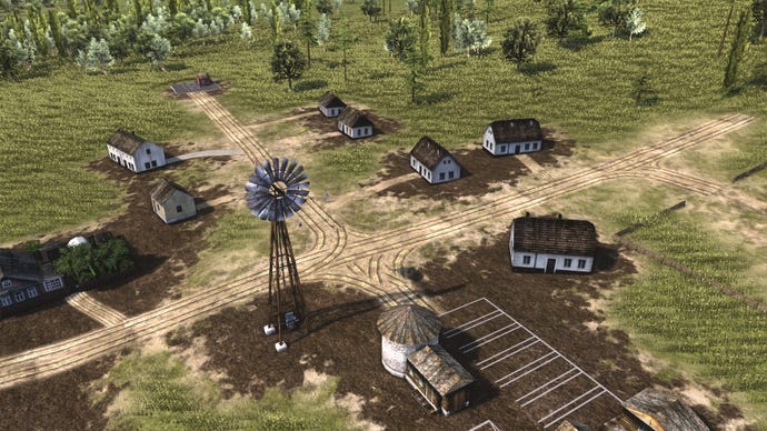 A top down shot of a farm from Workers & Resources: Soviet Republic