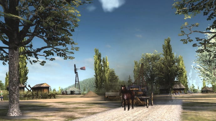 A horse and cart travelling down a rural dirt track in Workers & Resources: Soviet Republic