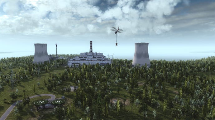 A helicopter flies over a nuclear power plant in a forest in Workers & Resources: Soviet Republic