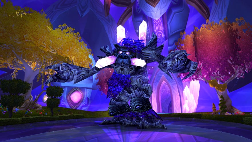 A screenshot from World Of Warcraft: Burning Crusade Classic showing the Botanica area, a purply tree guy called Warp Splinter in the middle of the image with arms outstretched.