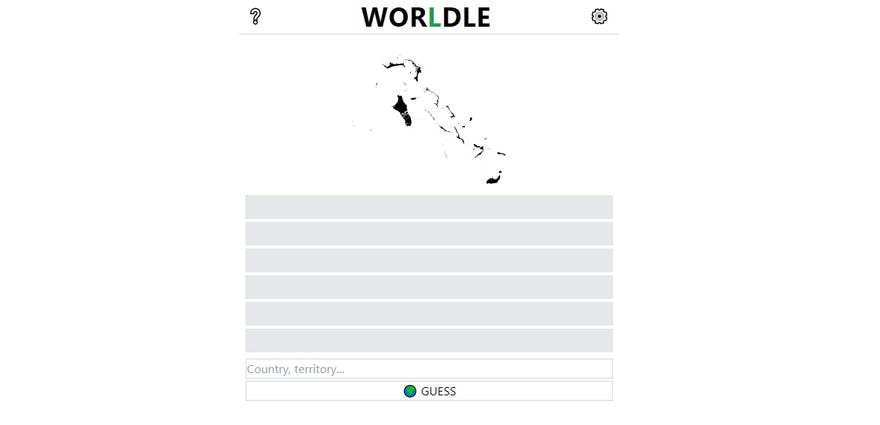 A screenshot of Worldle showing an outline of a country and spaces below to guess what country it is.
