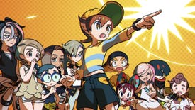 A piece of key art from a cutscene in World's End Club: the gang are ranged behind a young boy in the centre, who is pointing dramatically up towards the top right corner