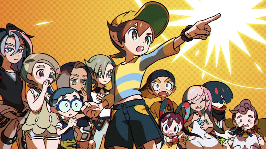 A piece of key art from a cutscene in World's End Club: the gang are ranged behind a young boy in the centre, who is pointing dramatically up towards the top right corner