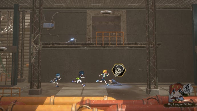 Four of the World's End Club are running through a factory facility