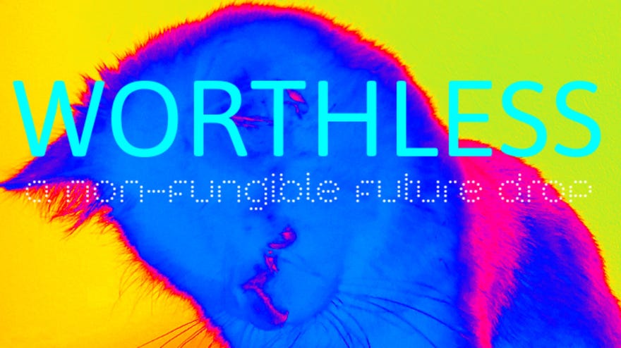 A cyberkitten on the cover of the novel WORTHLESS: A Non-Fungible Future Drop.