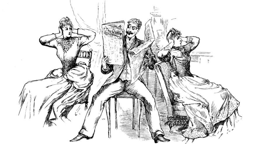 A man reading two newspapers at once flanked by distressed women covering their ears in an illustration from 'Drawing-Room Plays'.