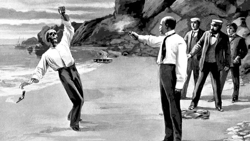 A startled crowd watches a duel on a beach, where one man has just shot another man who's actually a skeleton, in an illustration from 'The Destined Maid'.
