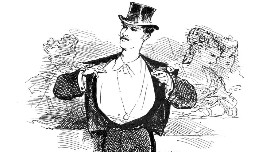 A fancy fella with a top hat opens his tuxedo in an illustration from 'Paris herself again in 1878-9'.