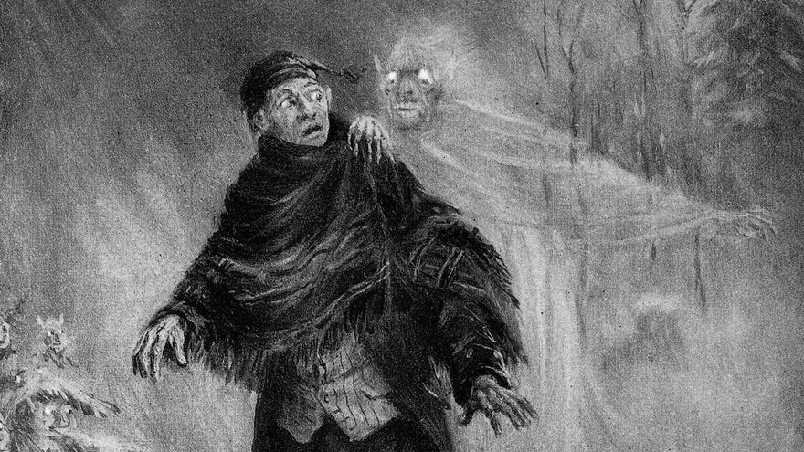 Ichabod Crane haunted by a phantom in an illustration from 'The Legend of Sleepy Hollow'.