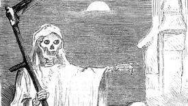 Death points with an outstretched arm in a book illustration.
