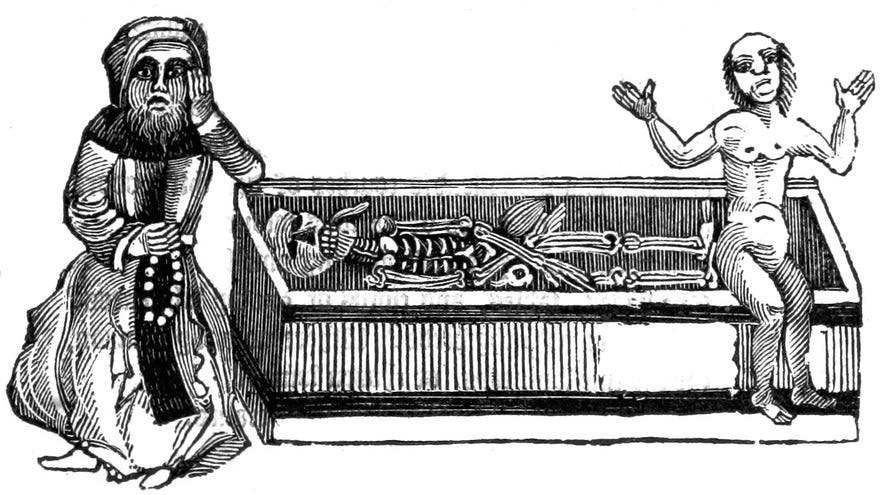 Lads hanging out with a skeleton in an illustration from 'The Lamentable Vision of the Devoted Hermit (written of a sadly deceived soul and its body)'.