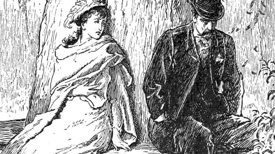 Leaves fall around a woman and man sat on a bench round a tree in an illustration from 'Calumny'.