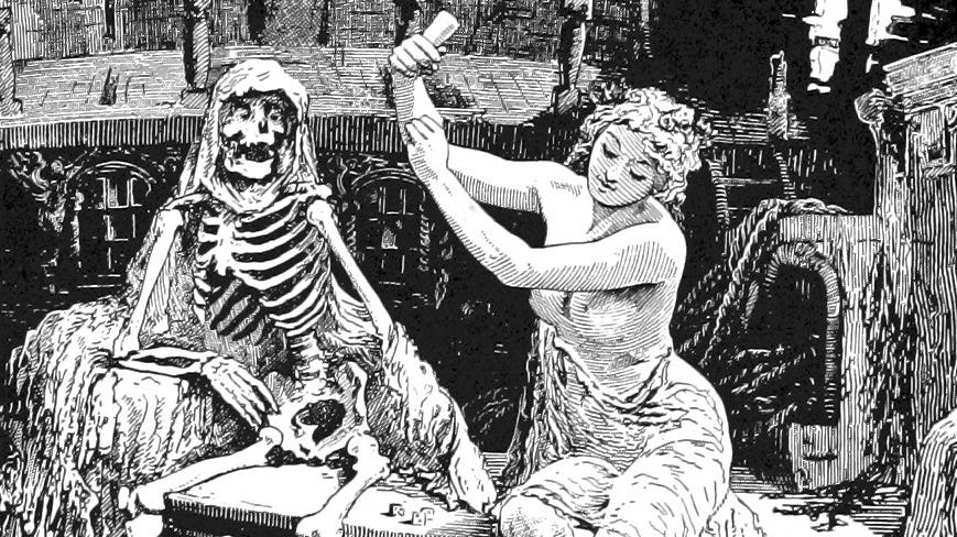 Just a gal and her skeleton pal in an illustration from 'The Blue Poetry Book. Edited by Andrew Lang. With numerous illustrations by H. J. Ford and Lancelot Speed. L.P'.