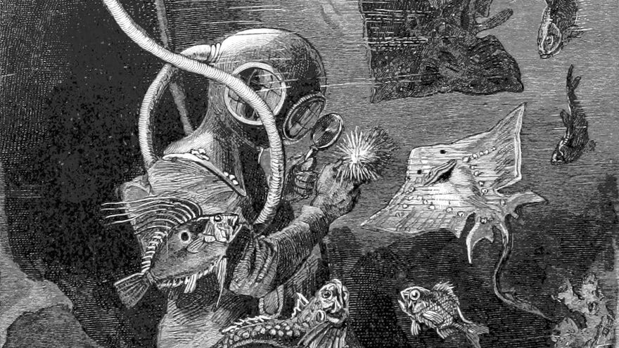 An old-timey deep-sea diver, surrounded by fish, examines an urchin using a magnifying glass in an illustration from 'The Book of the Ocean'.