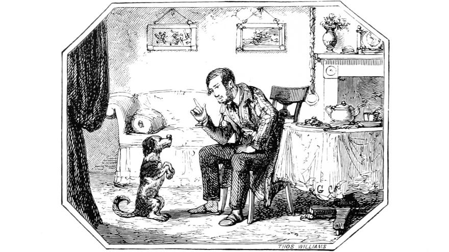 A man teaches a dog to beg in an illustration from 'The Ingoldsby Legends ... Second edition'.